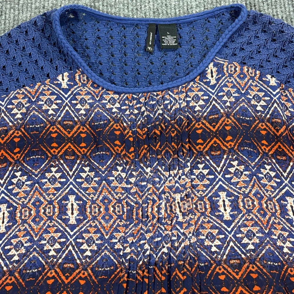 New Directions Blouse Women L Blue Orange Tribal Crochet Lace Pleated Cap Sleeve